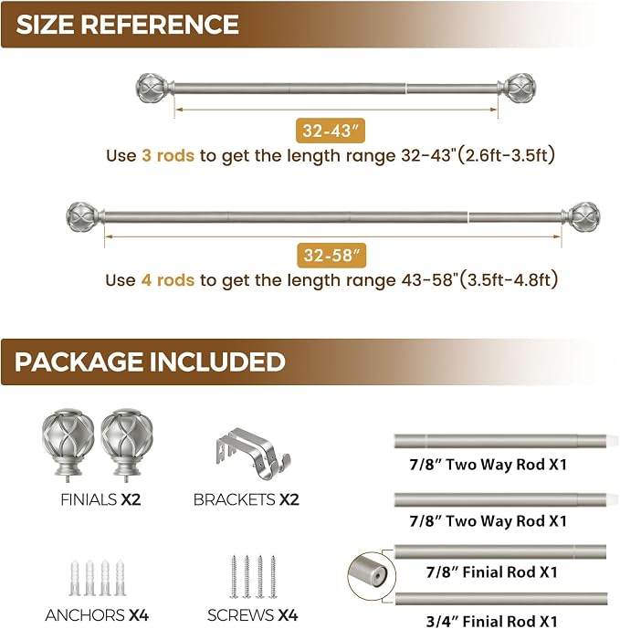 KAMANINA Curtain Rods for Windows, Antique Silver Curtain Rod 32 to 58 Inch - Image 9