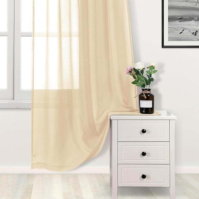 DWCN Beige Sheer Curtains Semi Transparent Voile Rod Pocket Curtains - Image 5