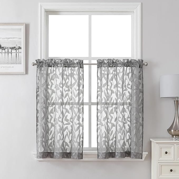 Lecloud Leia Charcoal Grey Sheer Kitchen Curtains 36 Inch Length 2 Panels by Lecloud