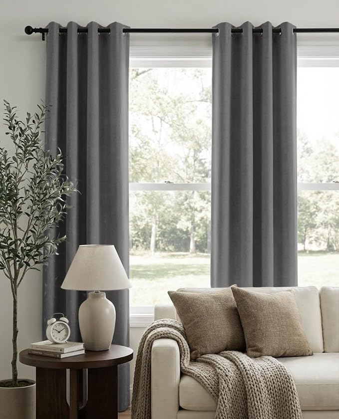 100% Blackout Shield Curtains, Dark Gray, 2 Panels, Linen Textured Look - Image 2