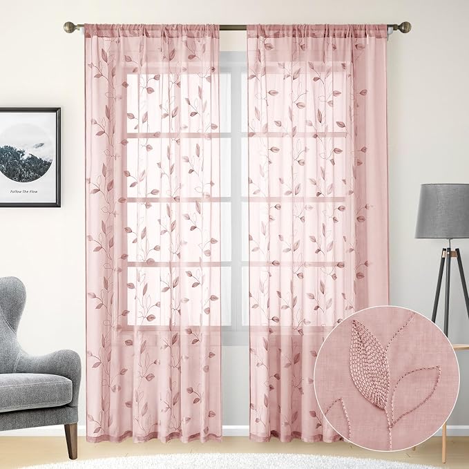 HOMEIDEAS Blush Pink Floral Sheer Curtains 84 Inches Long 2 Panels Embroidered by HOMEIDEAS
