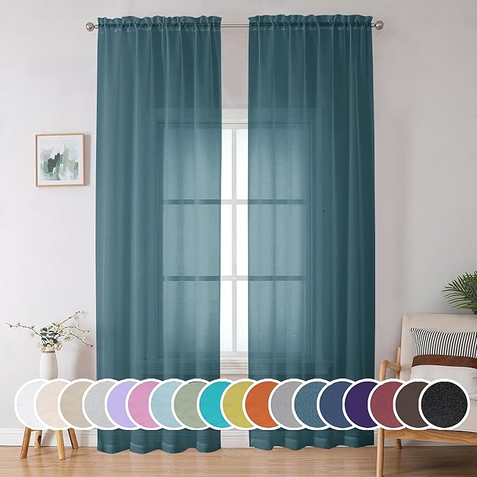 OWENIE Dusty Blue Sheer Curtains 90 Inches Long 2 Panels Set by OWENIE