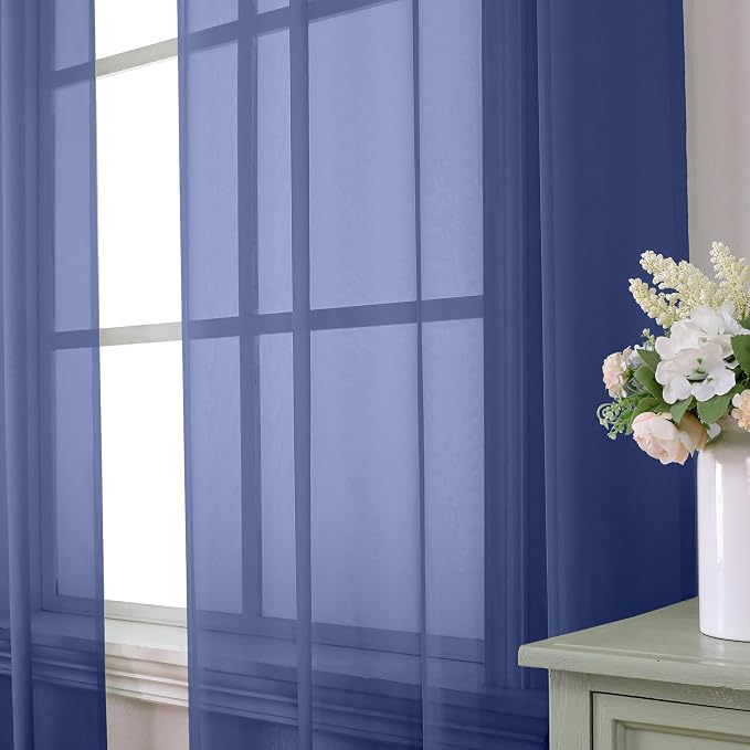 Aiyufeng Royal Blue Sheer Curtains 90 Inches Long 2 Panels Set, Semi - Image 5