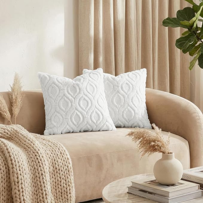decorUhome Throw Pillow Covers 18x18 Inch Set of 2, Soft Plush Faux Wool White - Image 3