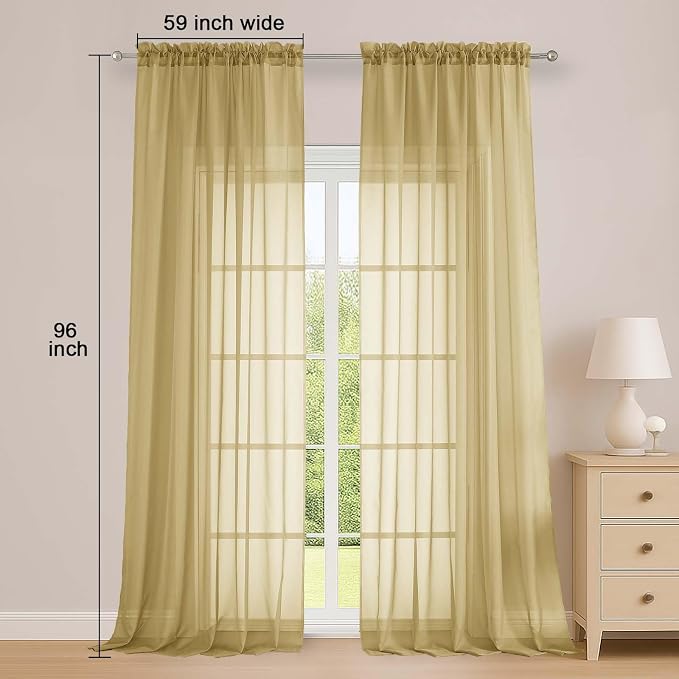 OWENIE Extra Long Gold Sheer Curtains 96 Inches Long 2 Panels Set, Soft - Image 2