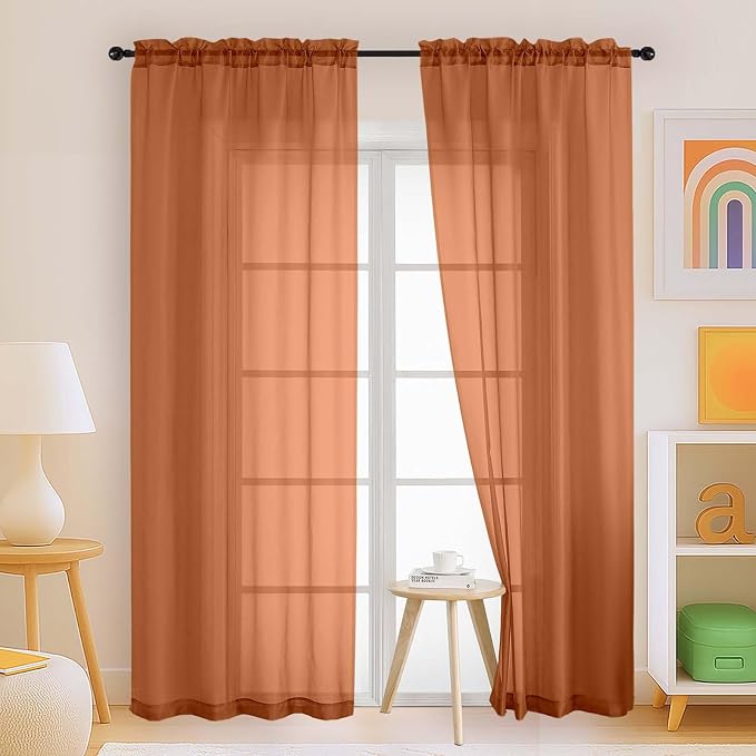 Orange Sheer Curtains 84 Inches Long 2 Panels, Elegant Airy Transparent Light by Home