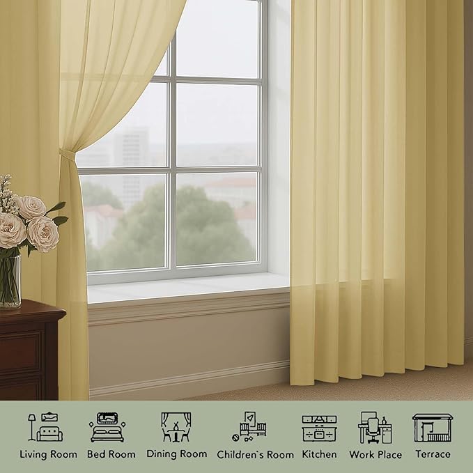 OWENIE Gold Sheer Curtain 90 Inches Long 2 Panels Set, Solid Filmy Drapes - Image 3
