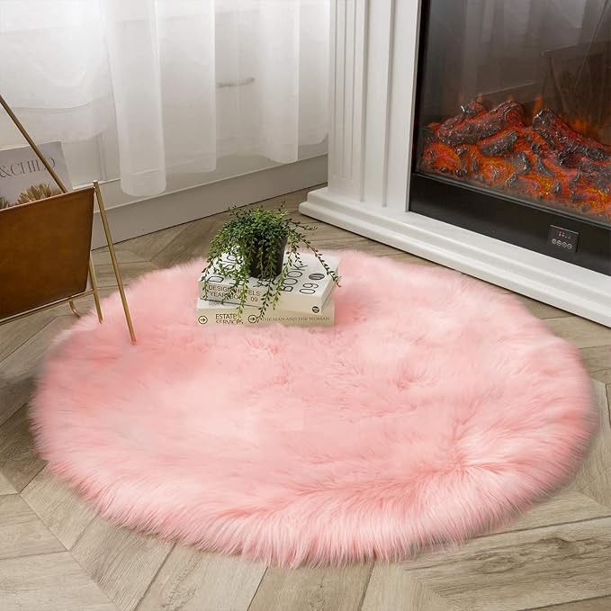 Latepis Round Pink Faux Sheepskin Fur Rug Circle Rugs 4ft Soft Fluffy Rugs - Image 7