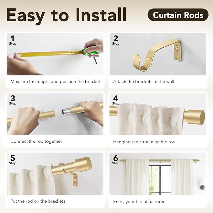 IFELS 2 Pack Curtain Rods for Windows 48 to 84 Inch, 1 Inch Gold Curtain Rod - Image 7