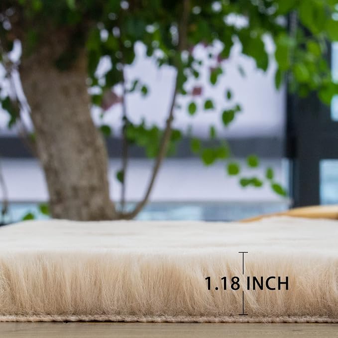 ORINOVA Beige Faux Sheepskin Rabbit Fur Shaggy Rugs - Image 6