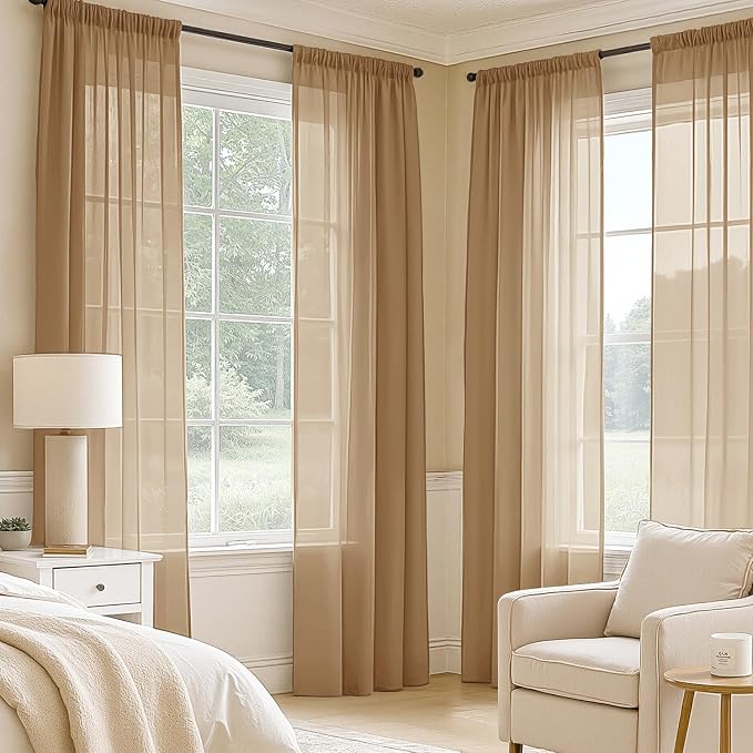 MIULEE Brown Sheer Curtains 90 Inches Long, 4 Panels Set, Rod Pocket Voile - Image 2