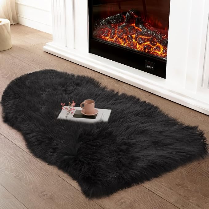Ciicool Faux Sheepskin Rugs Soft Faux Fur Rugs Black Fluffy Chair Couch Cover - Image 2