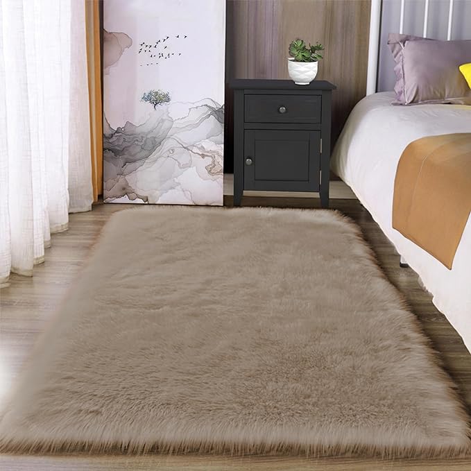 Latepis Washable 3x4 Light Brown Sheepskin Fluffy Shag Plush Faux Fur Rug by Latepis