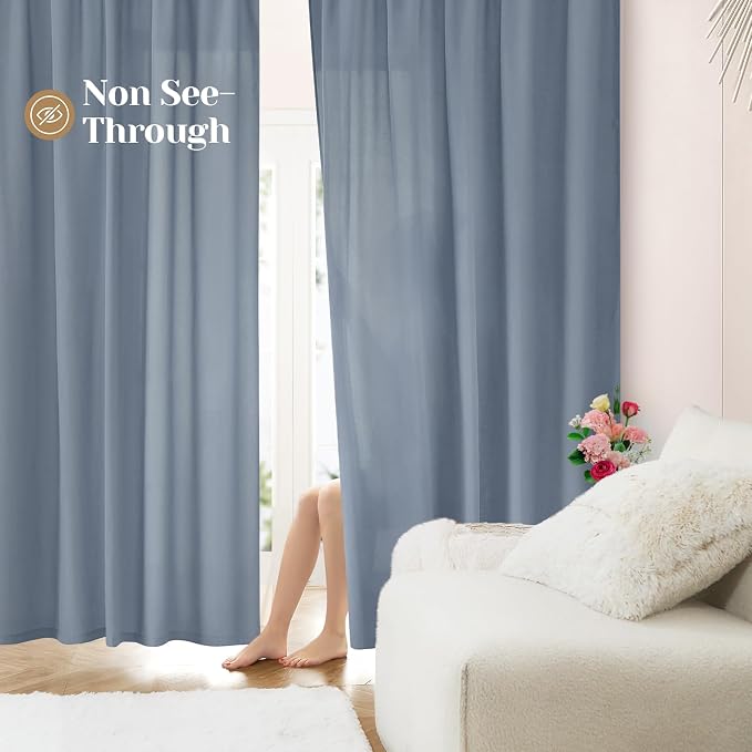 HOMEIDEAS Non-See-Through Stone Blue Privacy Sheer Curtains, 52 X 45 Inches - Image 2