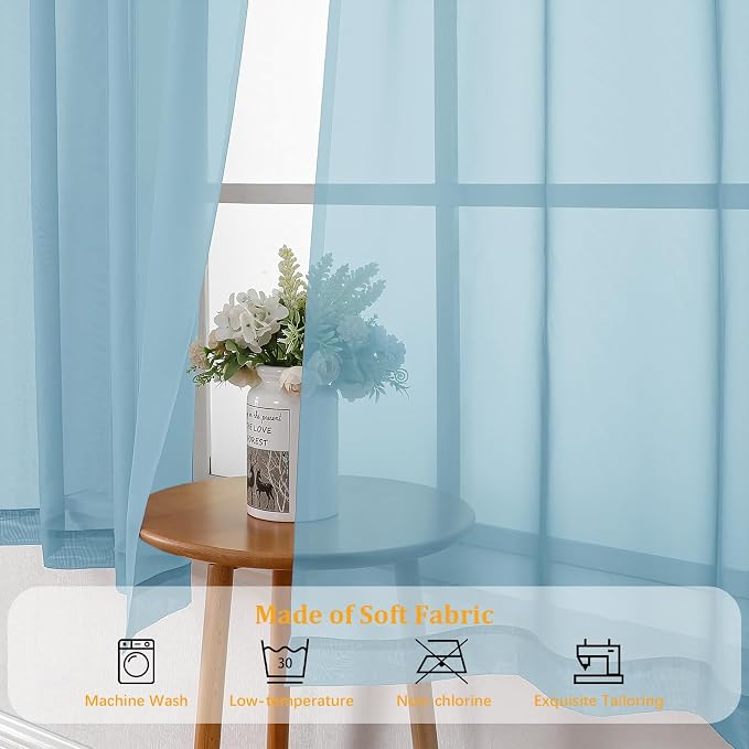 Gwine Sky Blue Sheer Curtain Tiers 24 Inch Length, Light Filtering Voile Short - Image 8