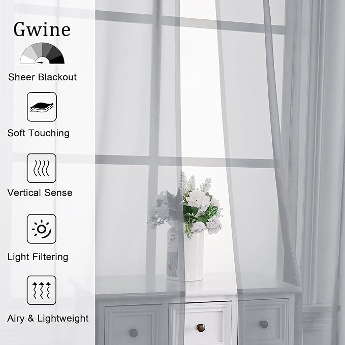 Gwine Light Grey Sheer Curtains 30 Inch Length, Short Light Filtering Voile - Image 3