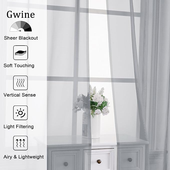 Gwine Light Grey Sheer Curtains 96 Inches Long 2 Panels, Elegant Window - Image 2