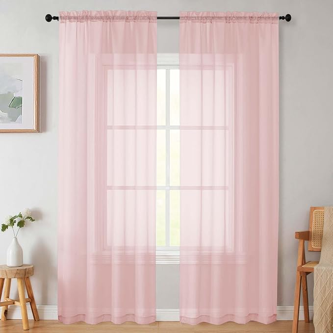 Blush Sheer Curtains for Bedroom Living Room 90 Inches Long 2 Panels Set by WelvetBLK