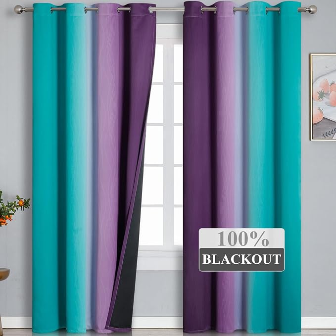 Teal Blackout Curtains 84 Inches Long, Ombre Purple Blackout Curtains - Image 2