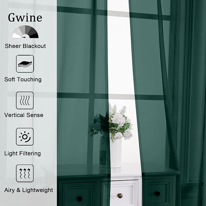 Gwine Hunter Green Sheer Curtains 96 Inches Long 2 Panels, Elegant Window - Image 2