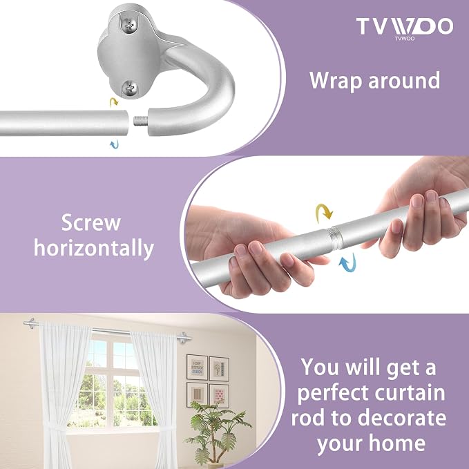 TVWOO Silver Wrap Around Curtain Rods:5/8In Blackout Adjustable Window Curtain - Image 9