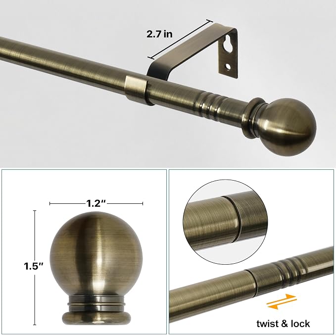 Antique Brass Curtain Rods for Windows 28 to 48 inch, 5/8 inch Small Curtain - Image 3