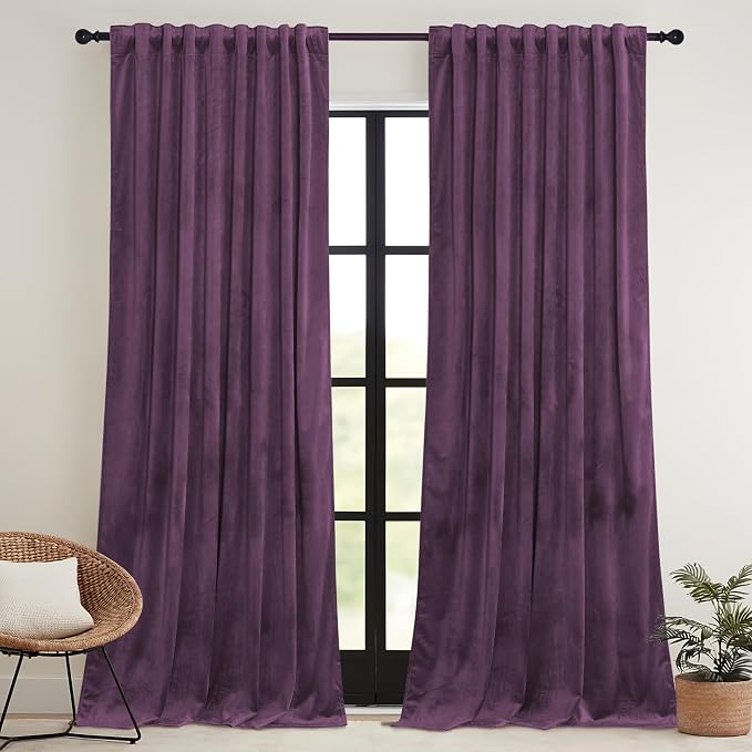 RYB HOME Purple Velvet Curtains 84 inches, Back Tab Soft Fabric Room Darkening - Image 2