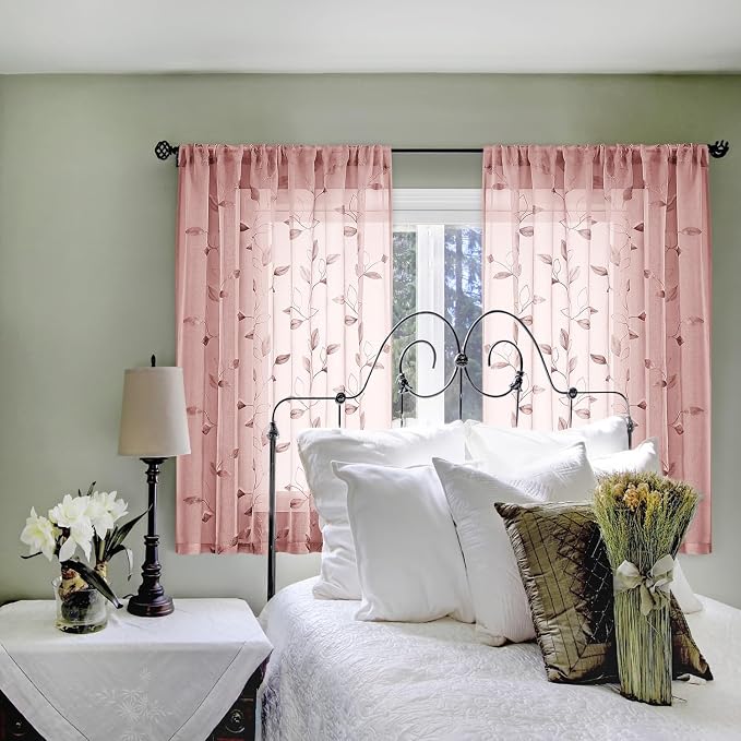 HOMEIDEAS Blush Pink Sheer Kitchen Curtains 52 x 45 Inch Length 2 Panels - Image 7
