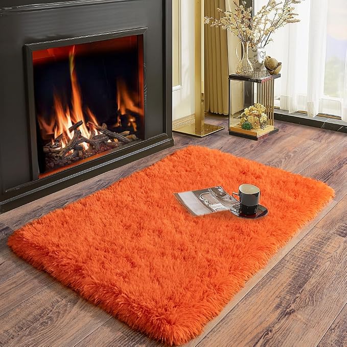 Soft Runner Rugs for Bedroom Hallways, 2x3 Orange Fluffy Shag Throw Area Rug - Image 3