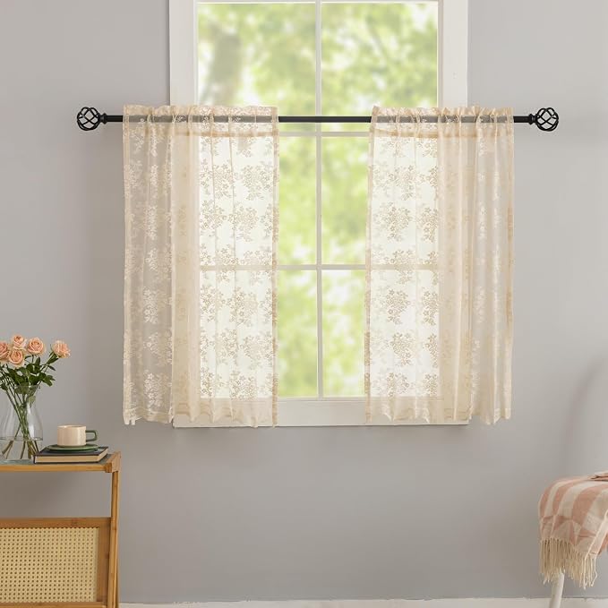 YJ YANJUN Vintage Lace Curtains 24 inch Length 2 Panles Short Sheer Cafe by YJYANJUN