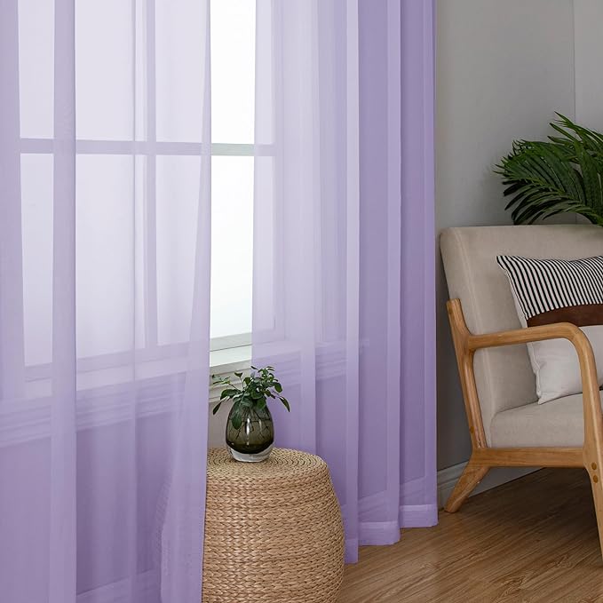 OWENIE Light Purple Sheer Curtains 63 inch Length 2 Panels Set, Rod Pocket - Image 3
