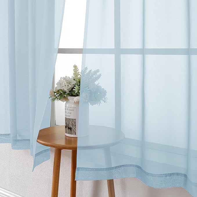 Lecloud Solid Voile Sky Blue Sheer Curtains 63 Inch Length 2 Panels, Dual Rod - Image 3