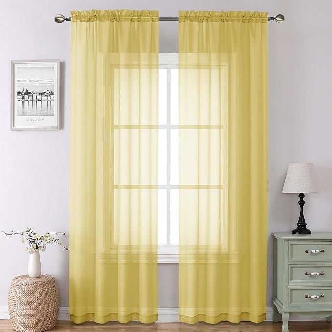 Lecloud Yellow Sheer Curtains 90 Inches Long 2 Panels, Gauzy Light Filtering by Lecloud