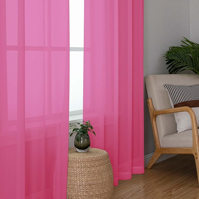 OWENIE Sheer Hot Pink Curtains for Bedroom Living Room 78 Inches Long 2 Panels - Image 3