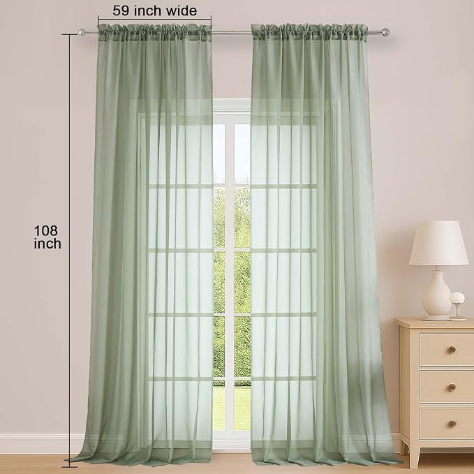 OWENIE Sage Green Sheer Curtains 108 Inches Long - Image 5