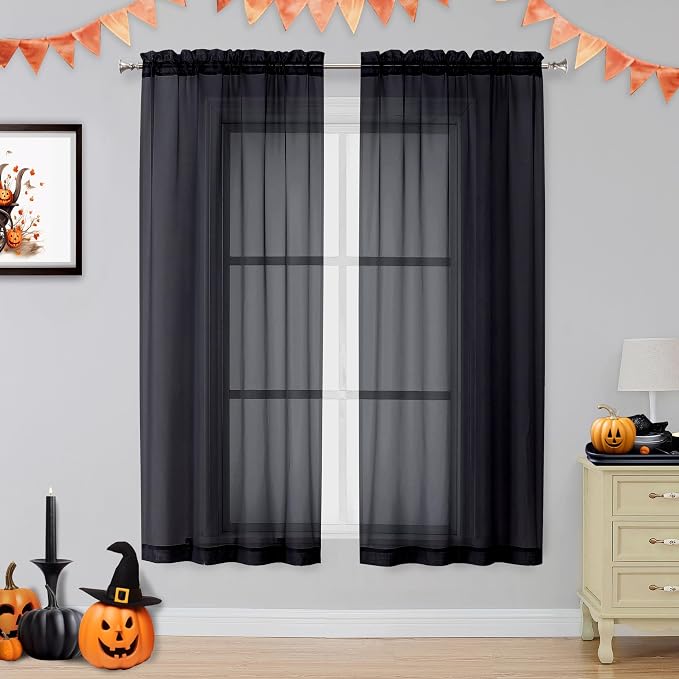 OVZME 2 Panels Sheer Black Curtains 54 Inches Length Window Treatment by OVZME