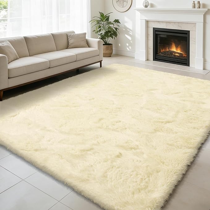 6x9 Fluffy Area Rug for Living Room, Shag Area Rugs for Bedroom, Ivory Soft by yulidayang
