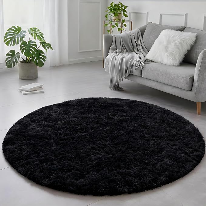 Black Round Rug 4Ft for Bedroom, Fluffy Circle Area Rugs for Living Room Decor by Amdrebio