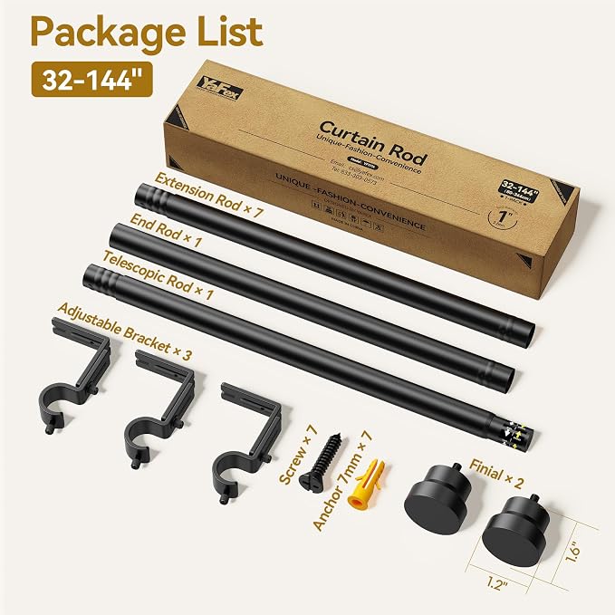 YaFex Curtain Rods 32-144 Inch, Heavy Duty 1 Inch Adjustable Curtain Rod - Image 7