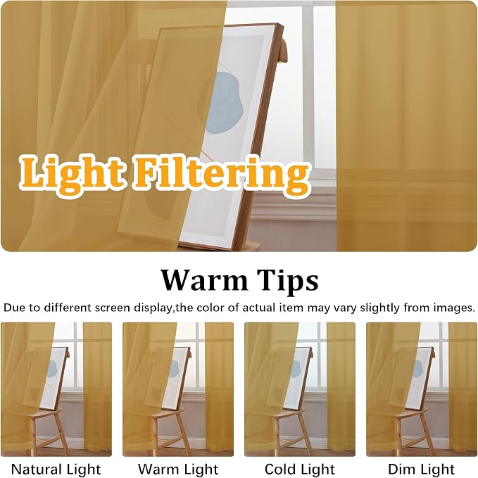Gwine Gold Sheer Curtains 30 Inch Length, Short Light Filtering Voile Small - Image 6