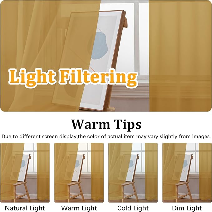 Gwine Gold Sheer Curtains 90 Inches Long 2 Panels Set, Light Filtering Solid - Image 5