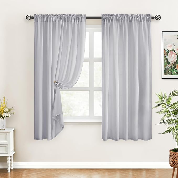 HOMEIDEAS Non-See-Through Light Grey Privacy Sheer Curtains, 52 X 45 Inches - Image 2