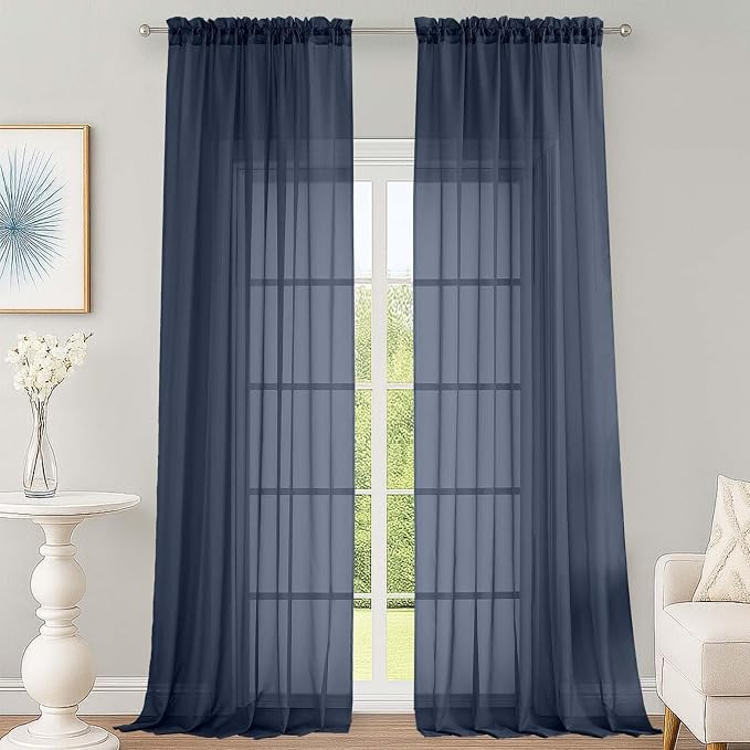 OWENIE Navy Blue Sheer Curtains 120 Inches Long 2 Panels Set, Airy Lightweight by OWENIE