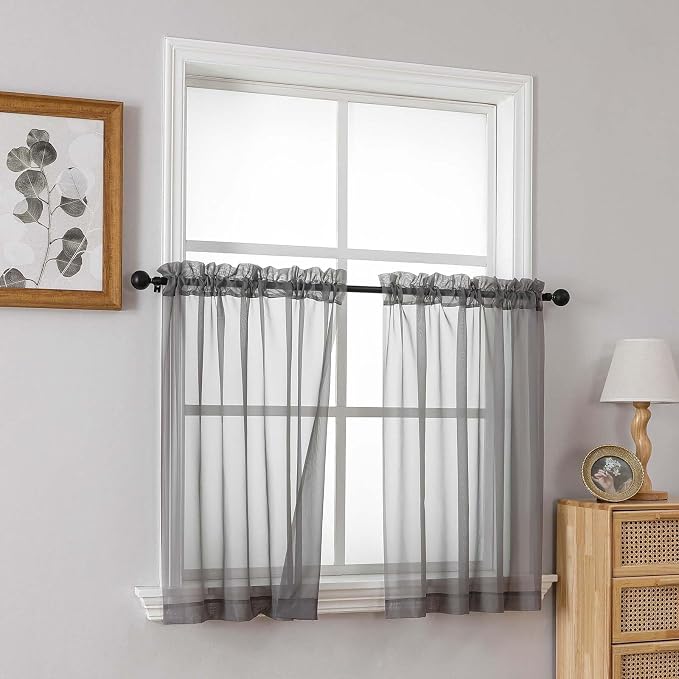 Grey Sheer Curtains Tier 30 Inches Length 2 Panels, Light Filtering Lightweight - Image 8