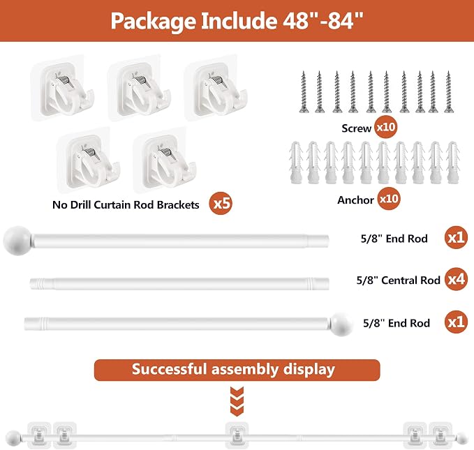 Curtain Rods No Drilling for Windows 48 to 84-96 Inch, 5/8 Inch Diameter Drapey - Image 5