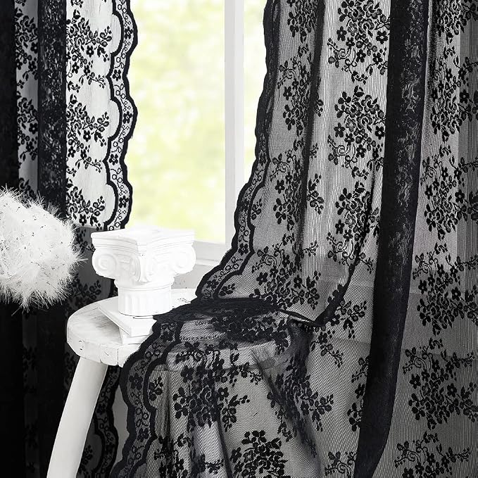 YJ YANJUN Vintage Lace Curtains 63 Inch Length-Victorian Floral Pattern Black by YJYANJUN