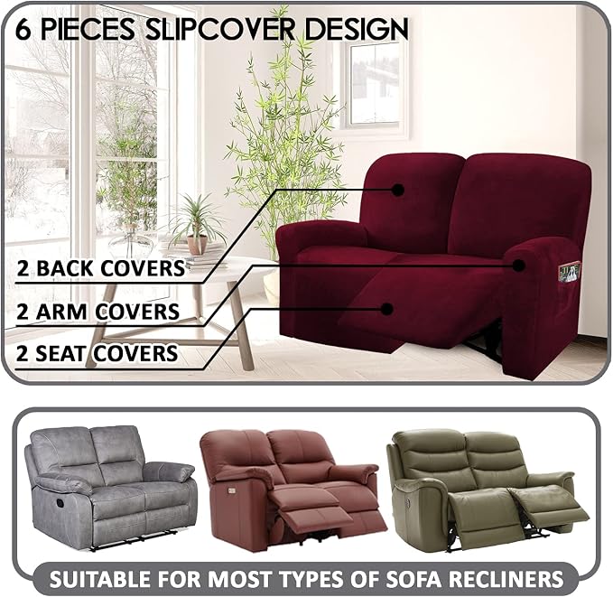 ULTICOR Reclining Love Seat Slipcover, 6-Piece Velvet Stretch Loveseat - Image 2