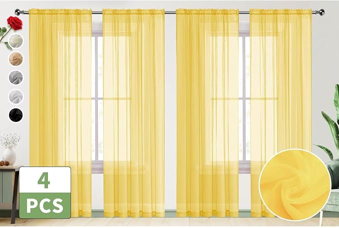 SpaceDresser Yellow Sheer Curtains 4 Panels Rod Pocket Semi-Sheer Curtain 63 - Image 2