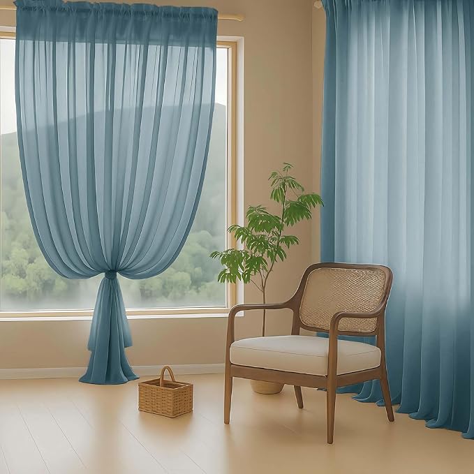 Dusty Blue Sheer Curtains 63 Inch Length 2 Panels, Voile Sheer Curtain - Image 8