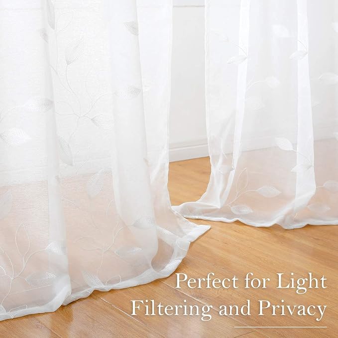 HOMEIDEAS White Sheer Curtains 52 X 84 Inches Long 2 Panels Embroidered Leaf - Image 9